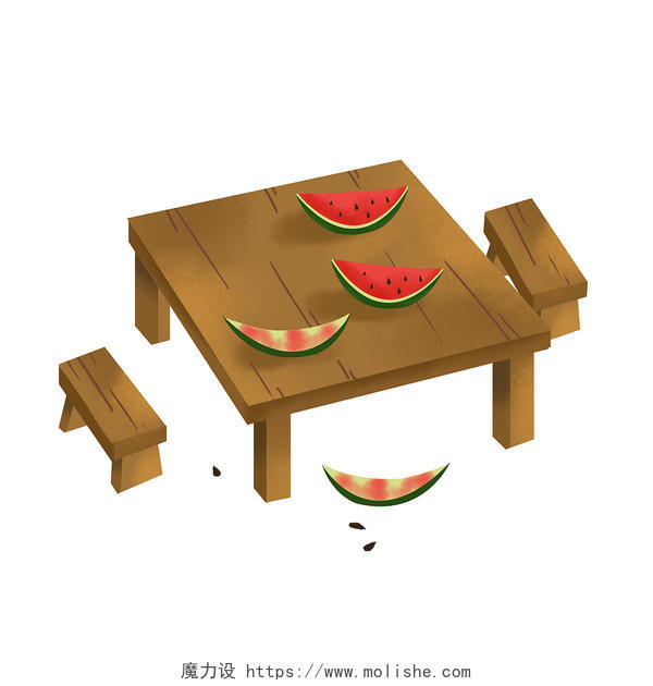 彩色手绘卡通木桌桌椅吃西瓜夏天元素PNG素材